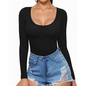 Mangopop Collection Black Long Sleeve Scoop Neck Bodysuit Women's Size Large
